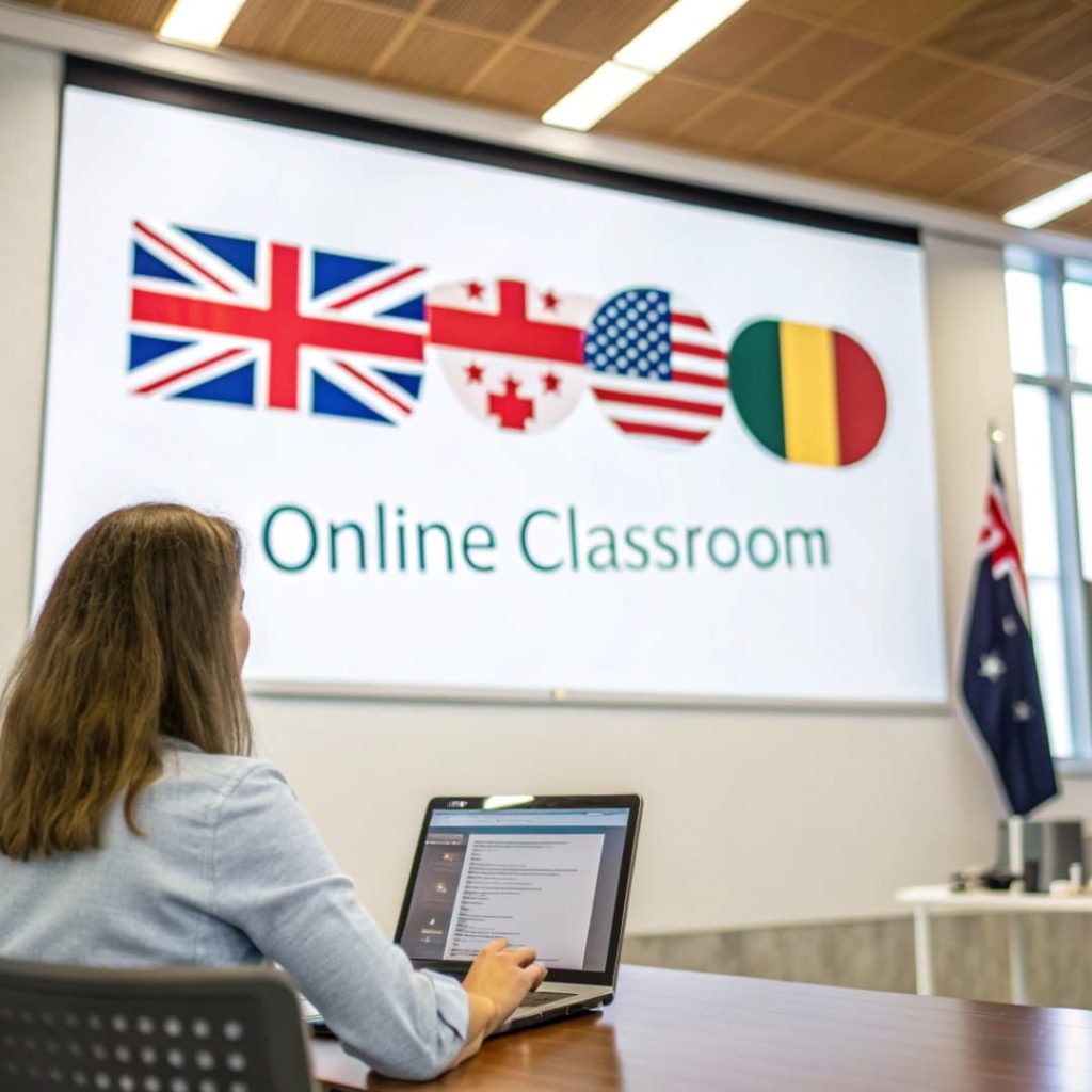 a modern online nutrition classroom with flags or 2