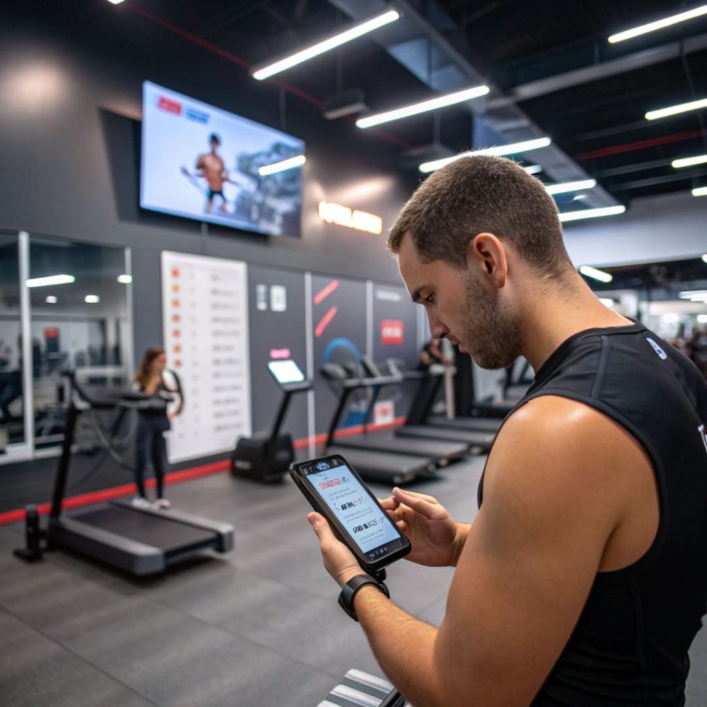 Fitness Scheduling Software a realistic image of a gym male client booking a f1
