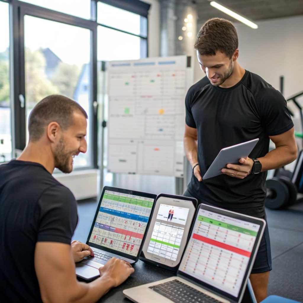 Fitness Scheduling Software a realistic image of fitness male trainers in a gy1